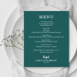 Budget Simple Elegant Dark Mariage Menu<br><div class="desc">Une carte de menu à prix abordable sur le turquoise foncé avec vos choix de nourriture en lettrage blanc chic est parfait pour une réception de mariage moderne, un dîner de répétition mariage, fête d'anniversaire ou tout événement spécial avec un dîner assis. Mesures 4, 5 po x 5, 6 po...</div>