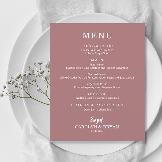 Budget Simple Elegant Desert Rose Menu Mariage