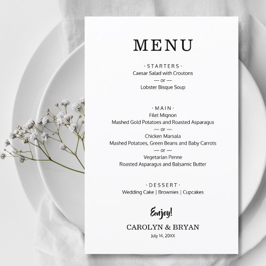 Budget Simple Élégant Dîner De Mariage Menu