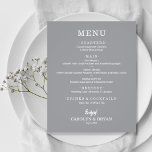 Budget Simple Elegant Mariage gris menu<br><div class="desc">Une carte de menu à prix abordable et au format papier gris avec vos choix de nourriture en lettrage blanc chic est parfaite pour une réception de mariage moderne, un dîner de répétition mariage, une fête d'anniversaire, ou tout événement spécial avec un dîner assis. *Mesure 4, 5 po x 5,...</div>