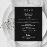 Budget Simple Élégant Mariage noir menu dîner<br><div class="desc">Une carte du menu du dîner en noir vous permettra de choisir votre menu en lettres blanches chic. Parfait pour une réception de mariage moderne, un dîner de répétition mariage, une fête d'anniversaire ou tout événement spécial avec un dîner assis. Choisissez N'IMPORTE QUEL ARRIÈRE - PLAN DE COULEUR, N'IMPORTE QUEL...</div>