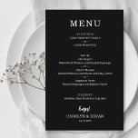 Budget Simple Élégant Mariage noir menu dîner<br><div class="desc">Une carte de menu noire vous permettra de choisir votre menu en lettres blanches chic. Le papier de 110 livres est abordable et mesure 5, 5 po x 8, 5 po. Parfait pour une réception de mariage moderne, un dîner de répétition mariage, une fête d'anniversaire ou tout événement spécial avec...</div>
