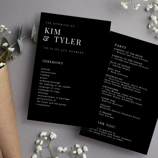 Budget simple élégant mariage noir programme