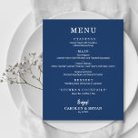 Budget Simple Elegant Marine Bleu Mariage Menu<br><div class="desc">Une petite carte de menu marine à papier de qualité abordable avec vos choix de nourriture en lettrage blanc chic est parfaite pour une réception de mariage moderne, un dîner de répétition mariage, une fête d'anniversaire, ou tout événement spécial avec un dîner assis. *Mesure 4, 5 po x 5, 6...</div>