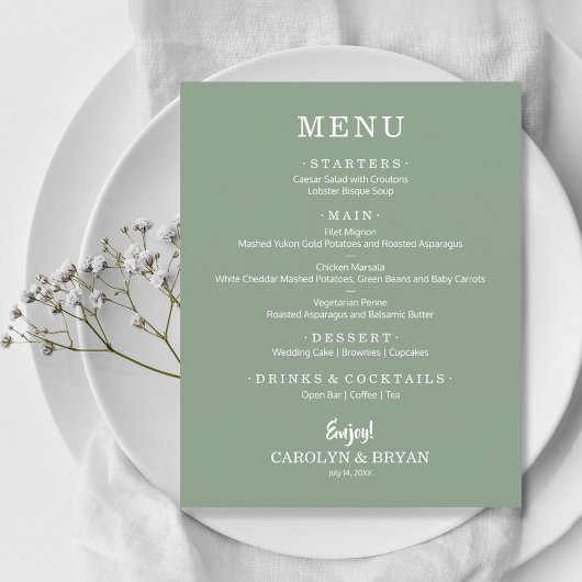 Budget Simple Elegant Sage Green Mariage Menu