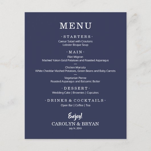 Budget Simple Elegant Sapphire Blue Mariage Menu (Devant)