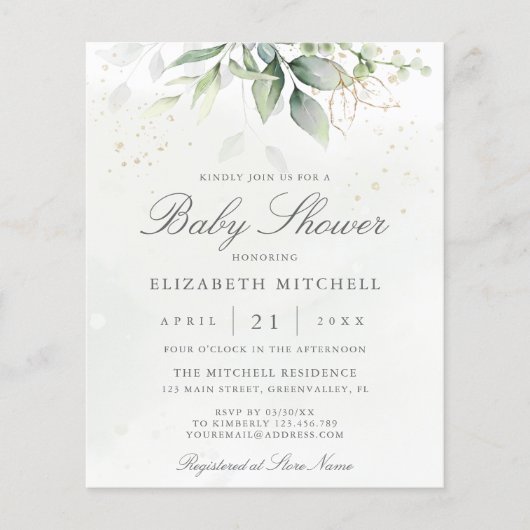 Budget Simple Modern Greenery Baby shower nodigt u (Voorkant)