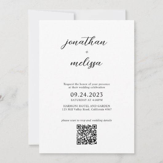 Budget Simple Moderne Script QR-code Boorbruiloft  Kaart (Voorkant)