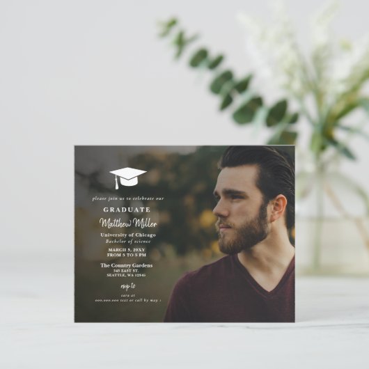 Budget Simple Overlay Photo Afstuderen Invitation (Staand voorkant)