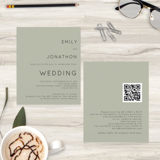 Budget Simple Soft Sage QR Code Weddenschap Uitnod