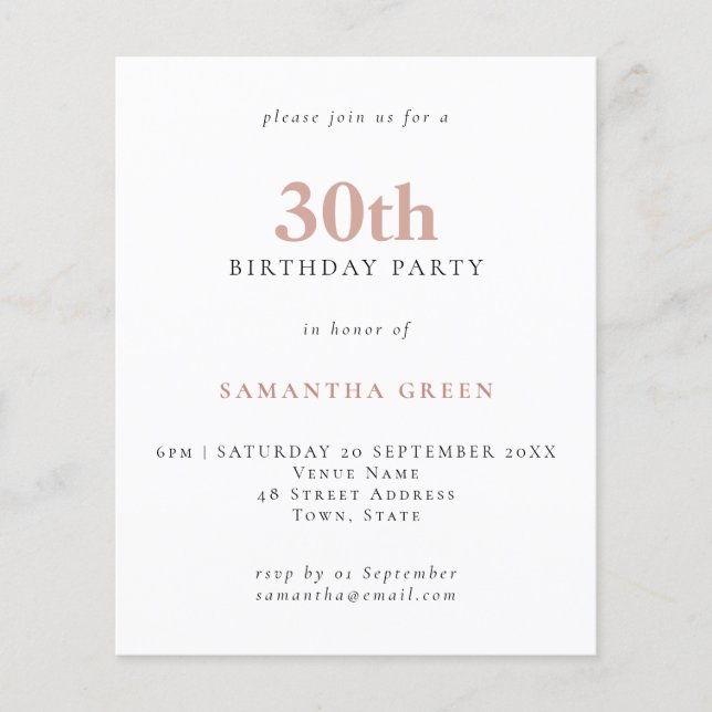 Budget Simple Text Blush 30th Birthday Invitation (Voorkant)