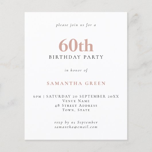 Budget Simple Text Blush 60th Birthday Invitation (Voorkant)