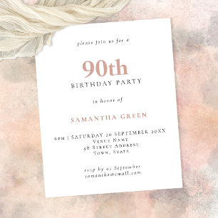 Budget Simple Text Blush 90th Birthday Invitation