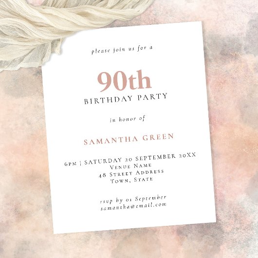 Budget Simple Text Blush 90th Birthday Invitation