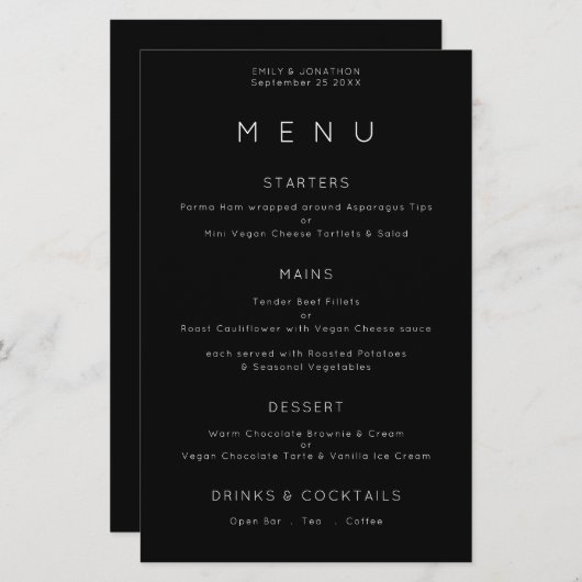 Budget Simple Typographie Blanc Noir Mariage Menu (Devant / Derrière)