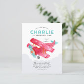 Budget Sky Cloud Waterverf Rode Vliegtuig Verjaard (Staand voorkant)