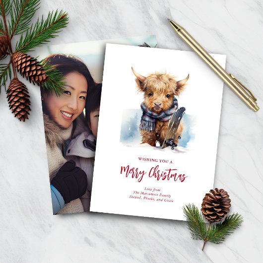 Budget Snowboard Highland Cow Carte photo/Vert