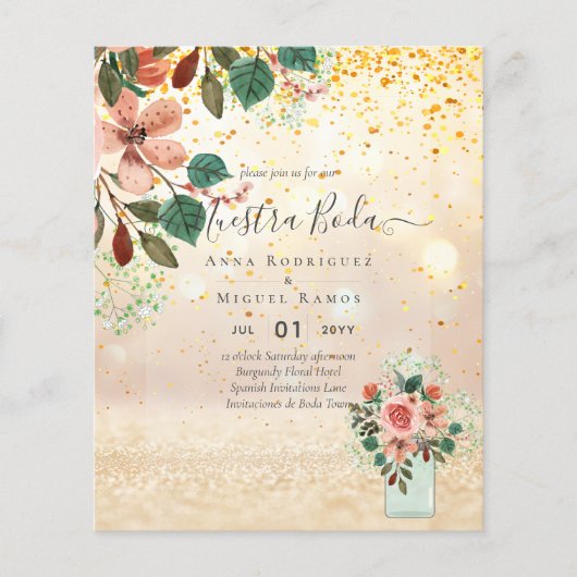 Budget Spaanse Trouw Uitnodigingen Burgundy Bloeme (Voorkant)