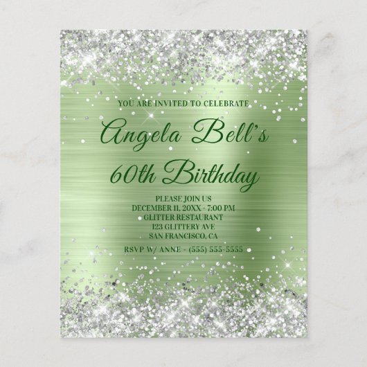 Budget Sparkly Silver Glitter Mint Folie Uitnodigi (Voorkant)