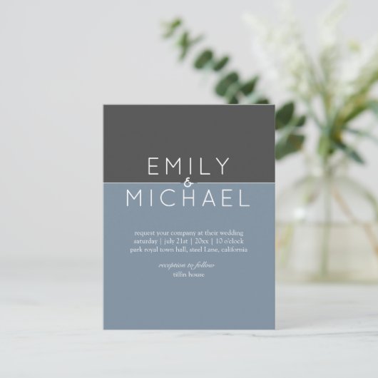 Budget Stalen Blauw Moderne Trouw Uitnodiging (Staand voorkant)