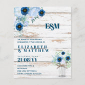 BUDGET Stofblauwe bloemige trouwuitnodigingen (Voorkant)
