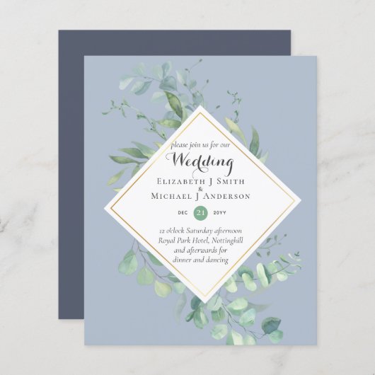Budget Stusty Blue Eucalyptus Wedding Invita (Voorkant / Achterkant)