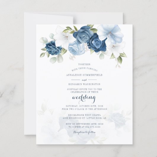 Budget Stusty Blue Floral Botanical Wedding Invite (Voorkant)