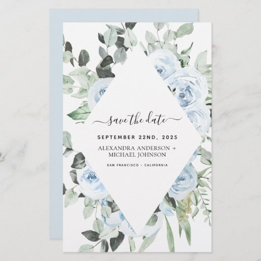 Budget Stusty Blue Floral Save the Date Greenery (Voorkant / Achterkant)