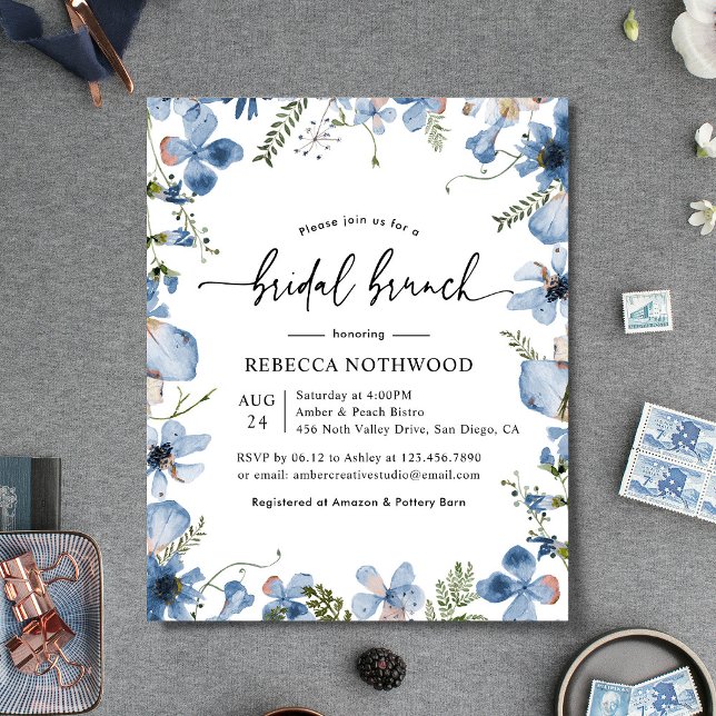 Budget Stusty Blue Florals Bridal Brunch Uitnodigi (Creator heeft geüpload)