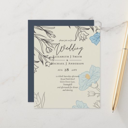 BUDGET Stusty Blue Poppy Magnolia Wedding Invite (Voorkant / Achterkant in situ)