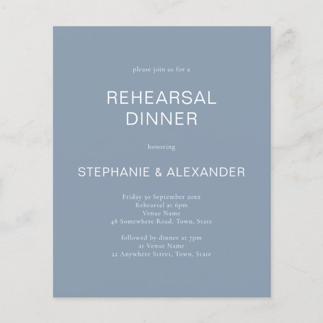Budget Stusty Blue QR Code Rehearsal Dinner Uitnod (Voorkant)