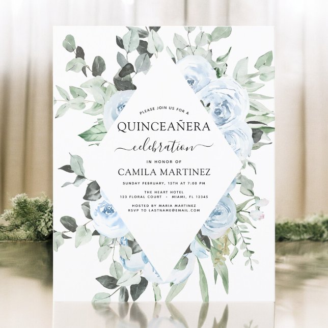 Budget Stusty Blue Quinceañera Floral Invitation (Creator heeft geüpload)