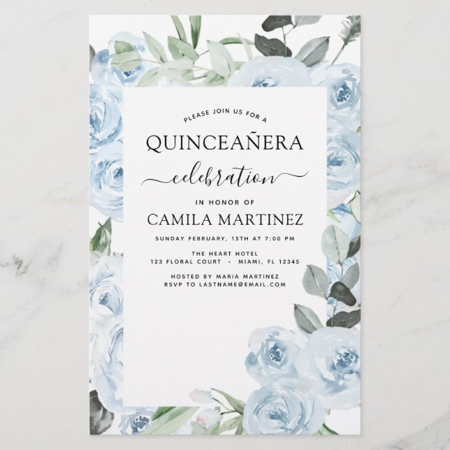 Budget Stusty Blue Quinceañera Floral Invitation (Voorkant)