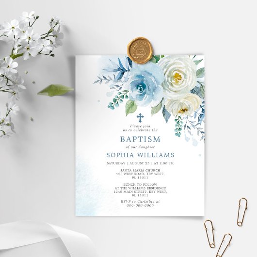 Budget Stusty Blue Roos Floral Baptism Invitation