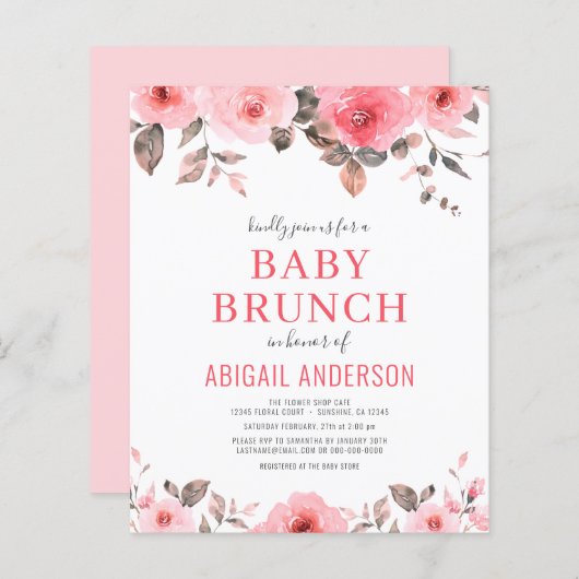 Budget Stusty Pink Floral Baby Brunch Uitnodiging (Voorkant / Achterkant)