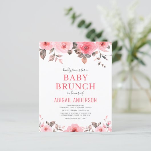Budget Stusty Pink Floral Baby Brunch Uitnodiging (Staand voorkant)