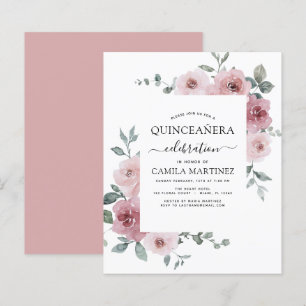 Budget Stusty Pink Quinceañera Floral Uitnodiging