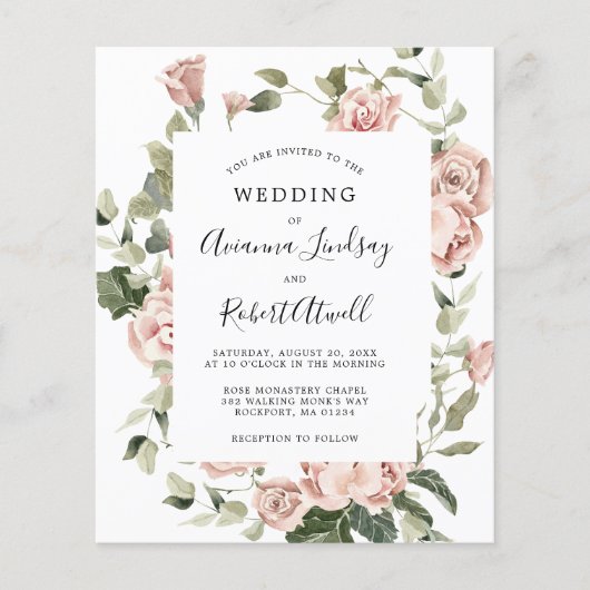 Budget Stusty Pink Rose Floral Wedding Flyer (Voorkant)