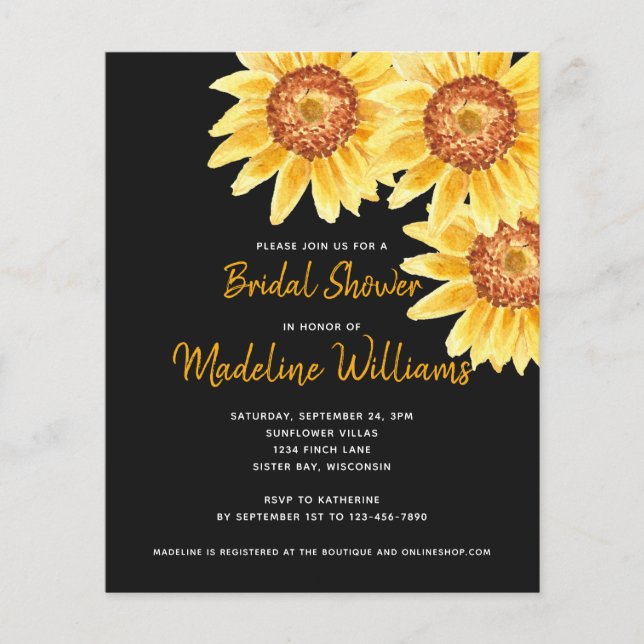 Budget Sunflower Bridal Shower Invitation Black (Voorkant)
