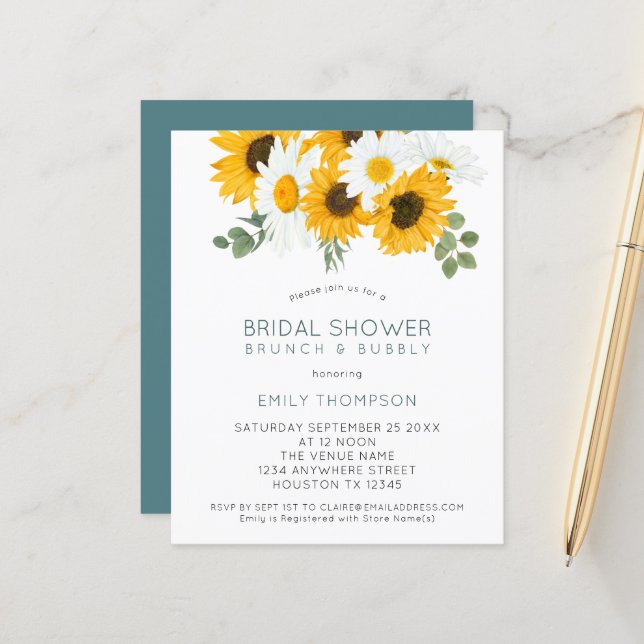 Budget Sunflower Brunch Bridal Shower Invitation (Voorkant / Achterkant in situ)