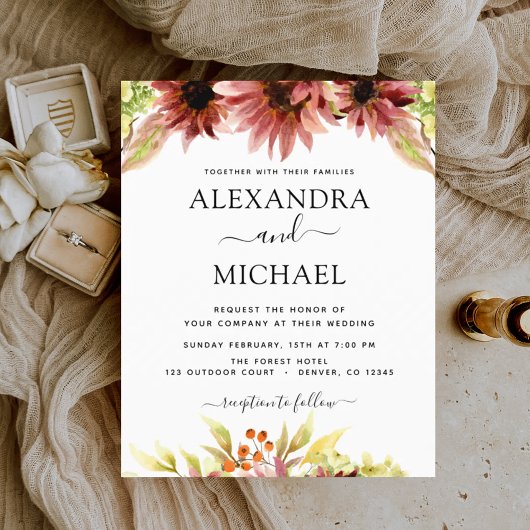 Budget Sunflower Burgundy Country Weddenschap