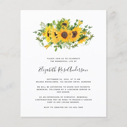 Budget Sunflower Celebration of Life Invitation (Voorkant)