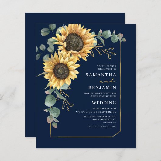 Budget Sunflower Eucalyptus Floral Wedding Invite (Voorkant / Achterkant)