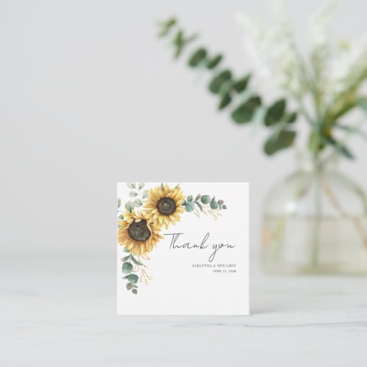 Budget Sunflower Floral Eucalyptus Wedding Notitiekaartje (Staand voorkant)