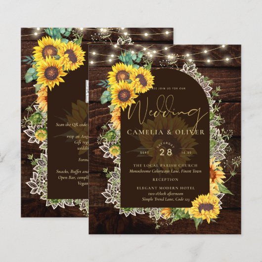 BUDGET Sunflower Lights Lace Wedding INVITE (Voorkant / Achterkant)