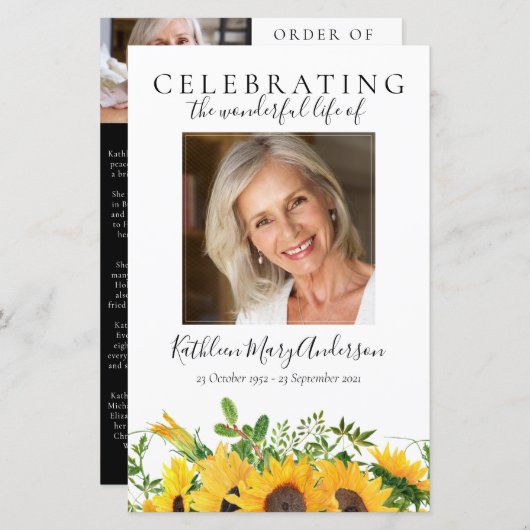 BUDGET Sunflower Photo Memorial Service Programme (Voorkant / Achterkant)