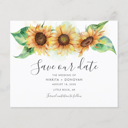 Budget Sunflower Waterverf Wedding Save the Date (Voorkant)