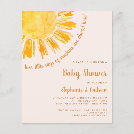 Budget Sunshine Couples Twins Baby shower Invite (Voorkant)