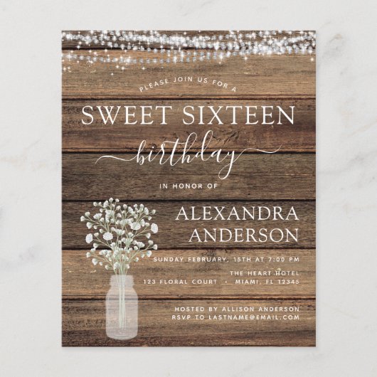 Budget Sweet 16 Birthday Rustic Uitnodiging Flyer (Voorkant)