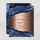 Budget Sweet 16 Blue agate roos Gold-uitnodiging (Voorkant / Achterkant)